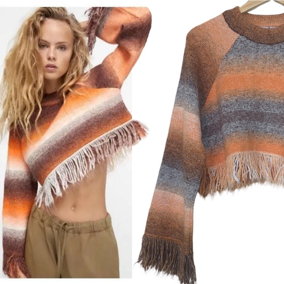 Zara NWT Fringed Cropped Striped Pullover Long Sleeve Sweater Orange - Picture 1 of 9